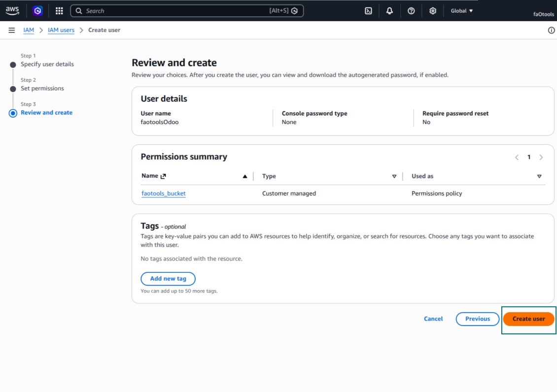 Review the IAM user details and permissions before creating the Amazon S3 user